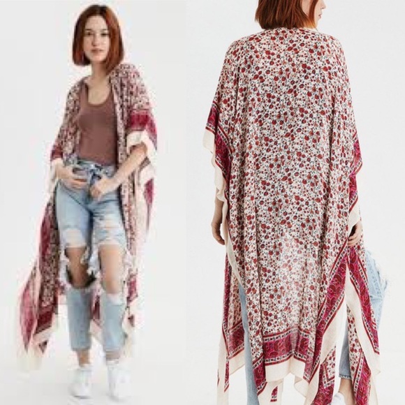 American Eagle Outfitters Tops - AMERICAN EAGLE • Cream + Red Floral Kimono Duster